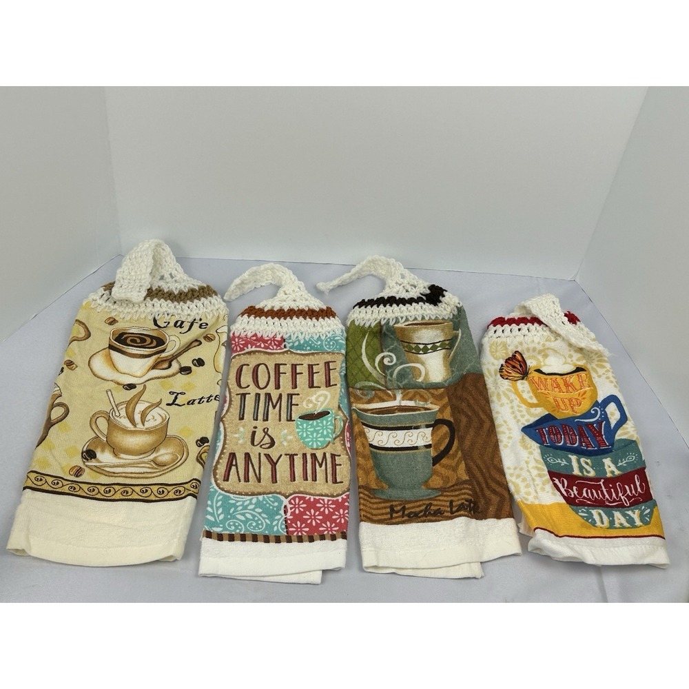 Coffee Theme Hanging Kitchen Towels Set of 7 Crochet Top Farmhouse Cute